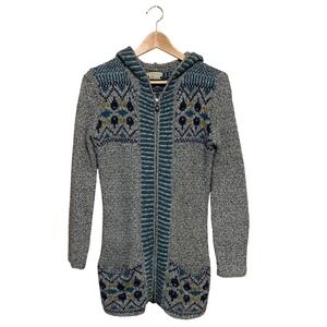 Royal Robbins Women's Sweater Hoodie Zip-Up Wool Fair Isle Blue Gray Sz M Boho